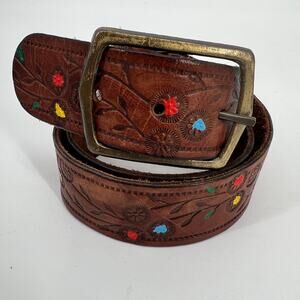 Womens Tooled Leather Belt M Brown Painted Floral Colorful Bohemian Western
